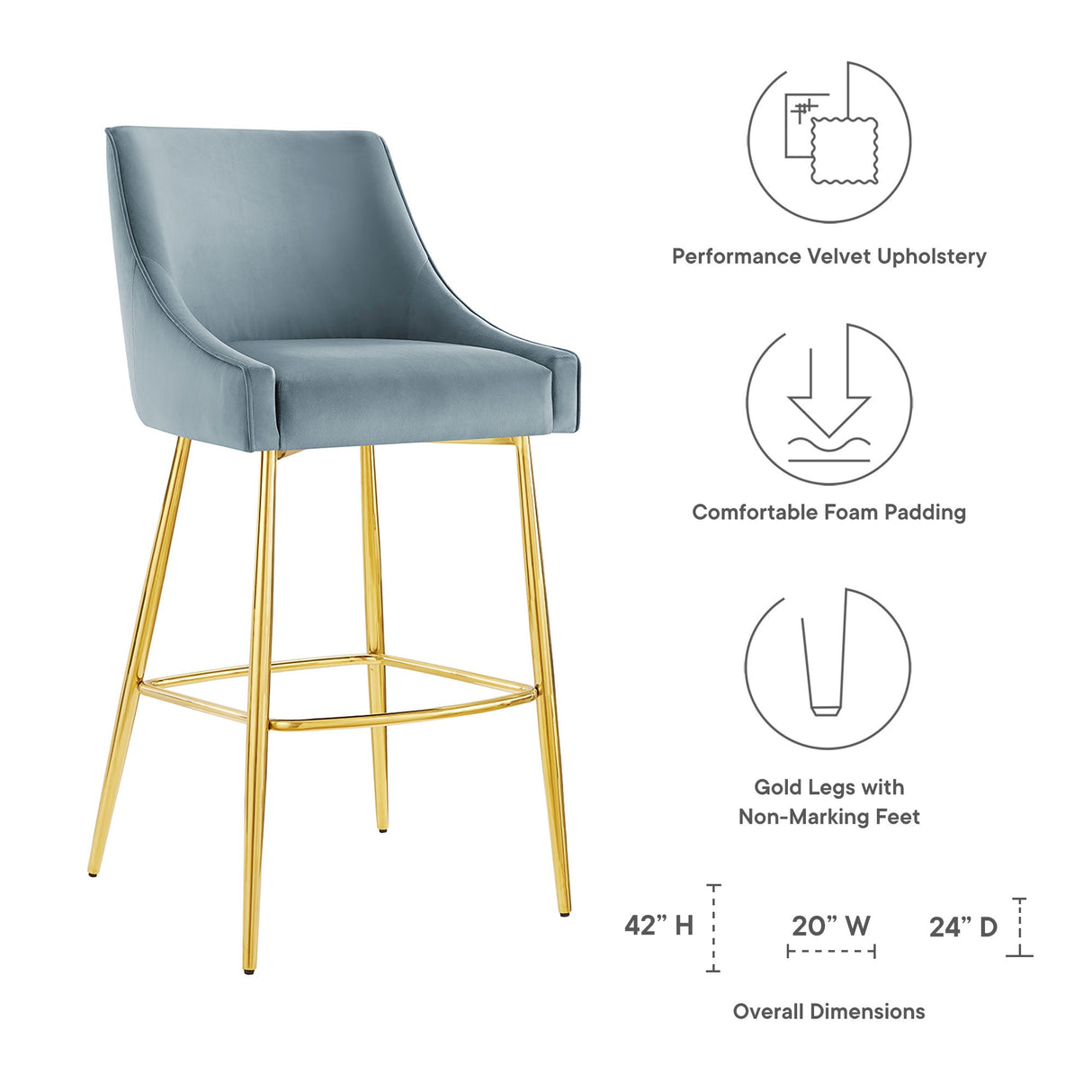 Discern Performance Velvet Bar Stool - Mid-Century Modern & Brushed Gold Accents