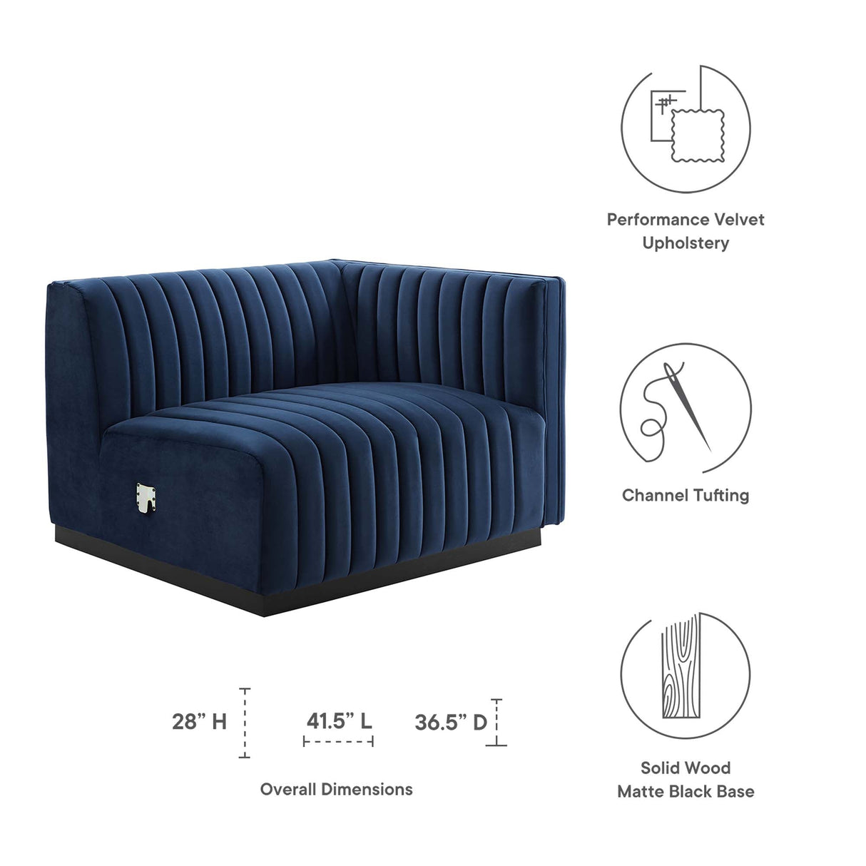 Conjure Channel Tufted Performance Velvet Right-Arm Chair - Modern Glam & Stain-Resistant