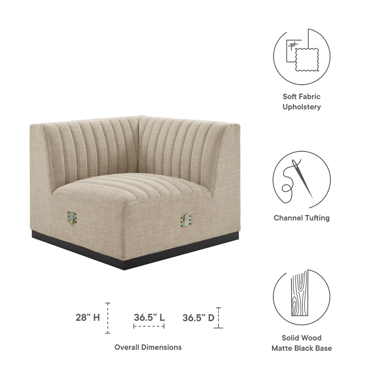 Conjure Channel Tufted Upholstered Fabric Right Corner Chair - Modern Glam & Modular Versatility