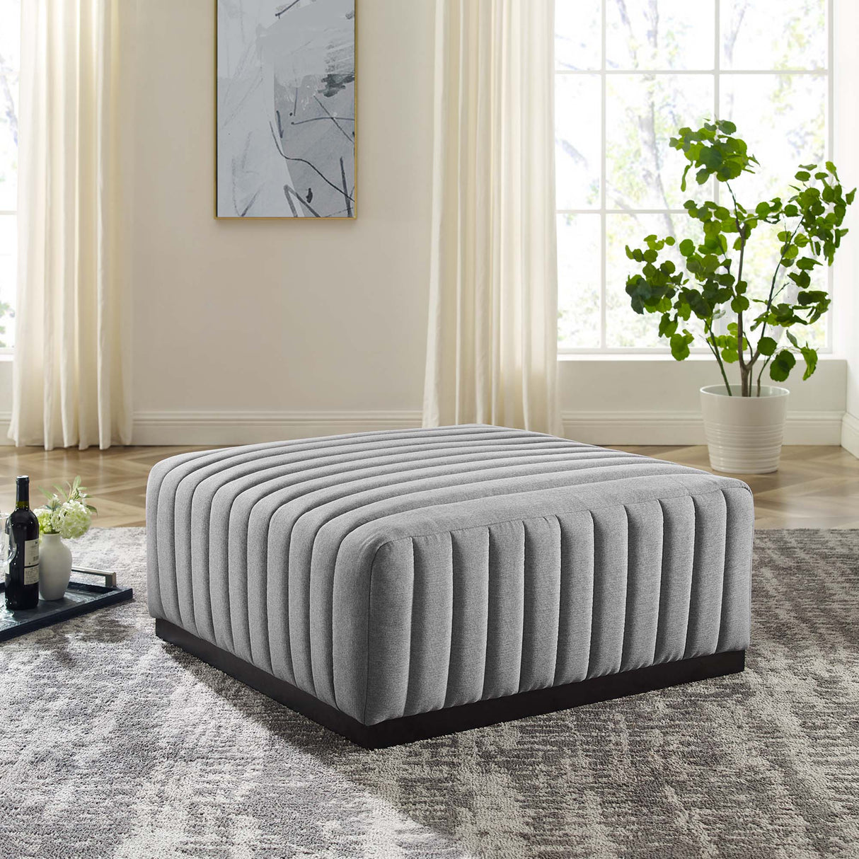 Conjure Channel Tufted Upholstered Fabric Ottoman - Modern Glam & Vertical Piping Accent