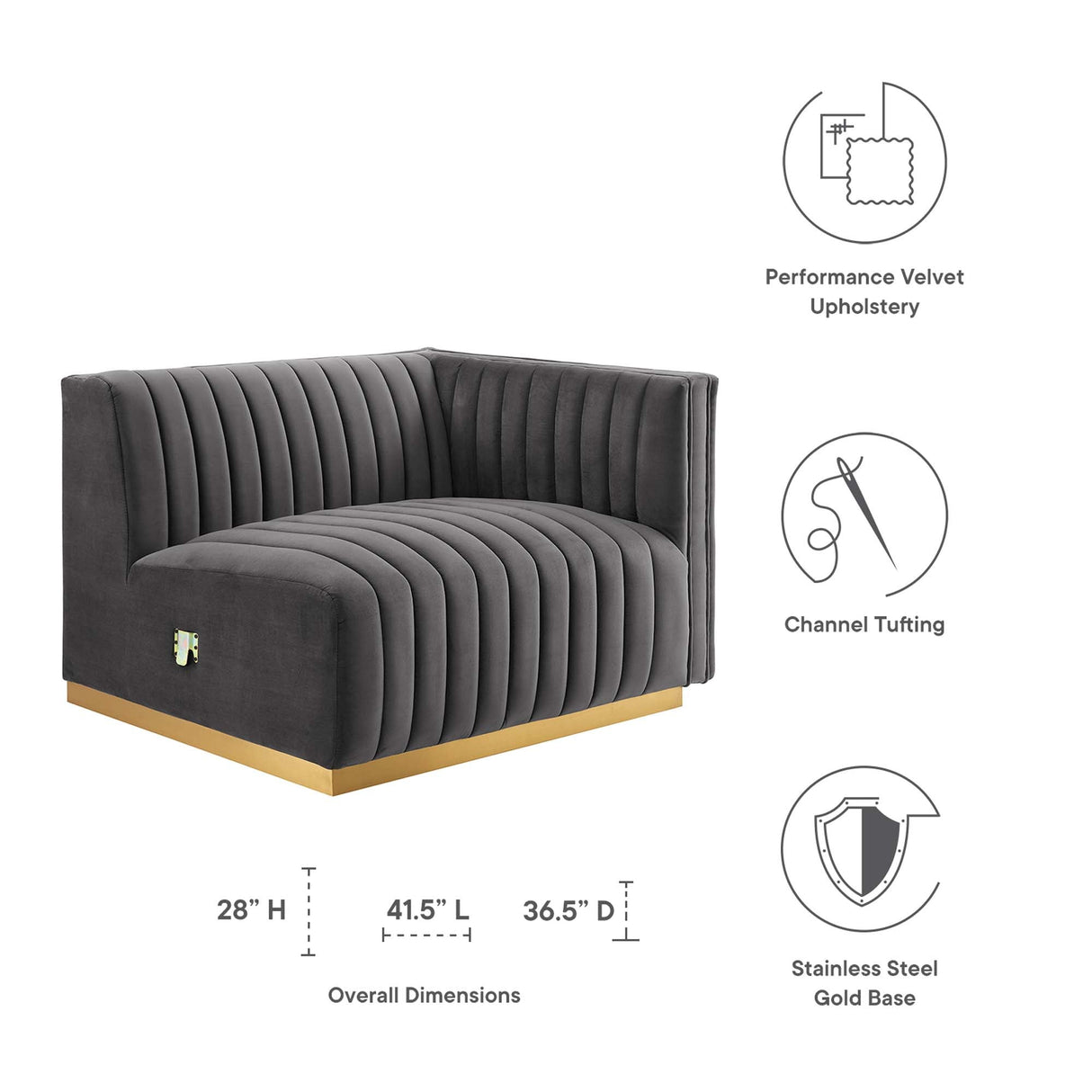 Conjure Channel Tufted Performance Velvet Right-Arm Chair - Modern Glam & Stain-Resistant Modular Seating