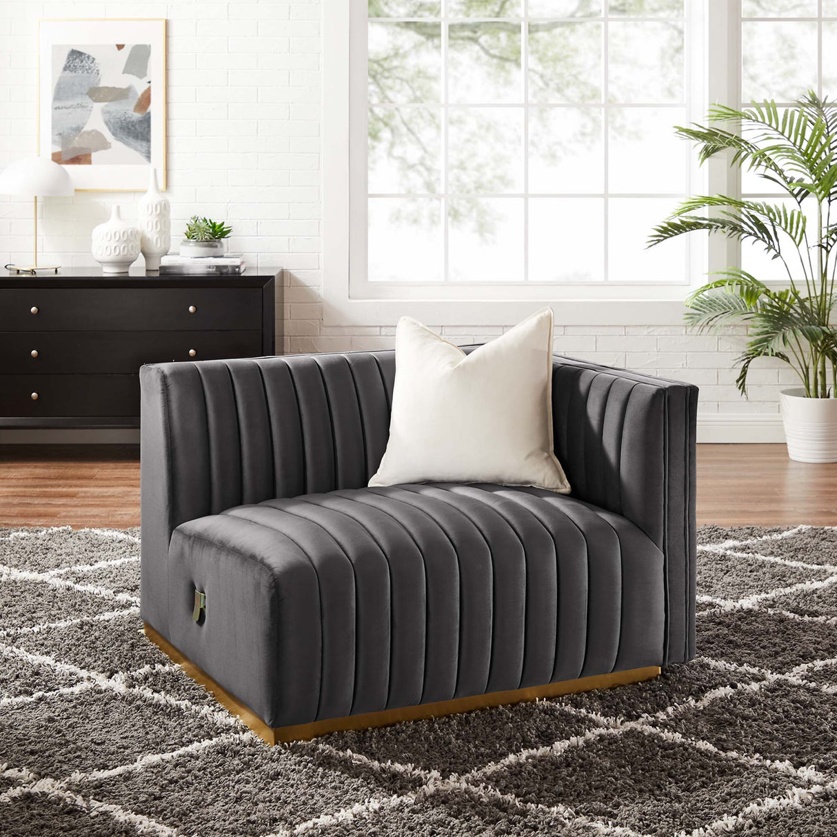 Conjure Channel Tufted Performance Velvet Right-Arm Chair - Modern Glam & Stain-Resistant Modular Seating