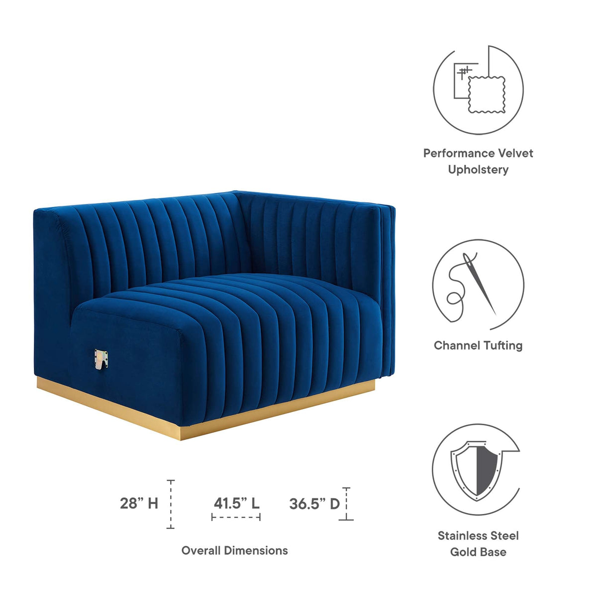 Conjure Channel Tufted Performance Velvet Right-Arm Chair - Modern Glam & Stain-Resistant Modular Seating