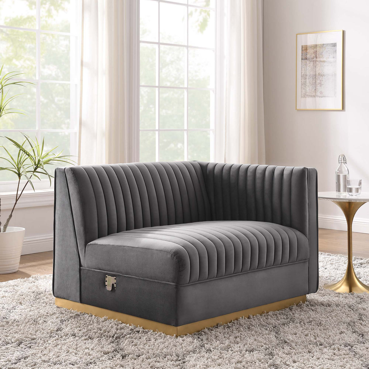 Sanguine Channel Tufted Performance Velvet Modular Sectional Sofa Right-Arm Chair - Retro Modern Glamour & Stain-Resistant Modular Seating