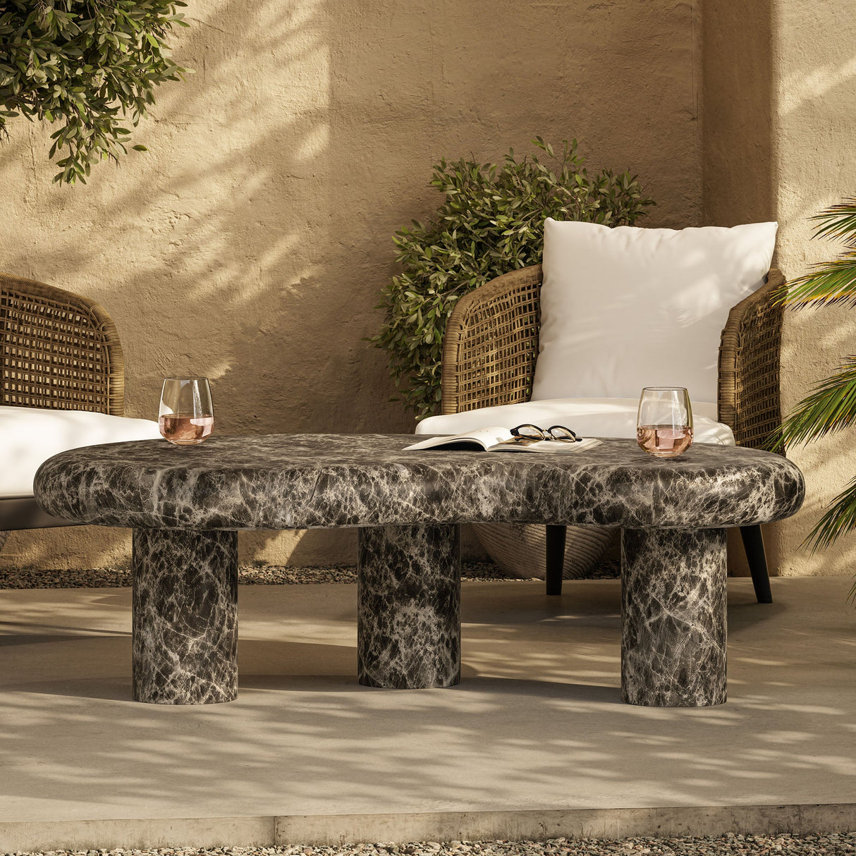 Elowen Outdoor Faux Marble Coffee Table in Dark Emperador Marble