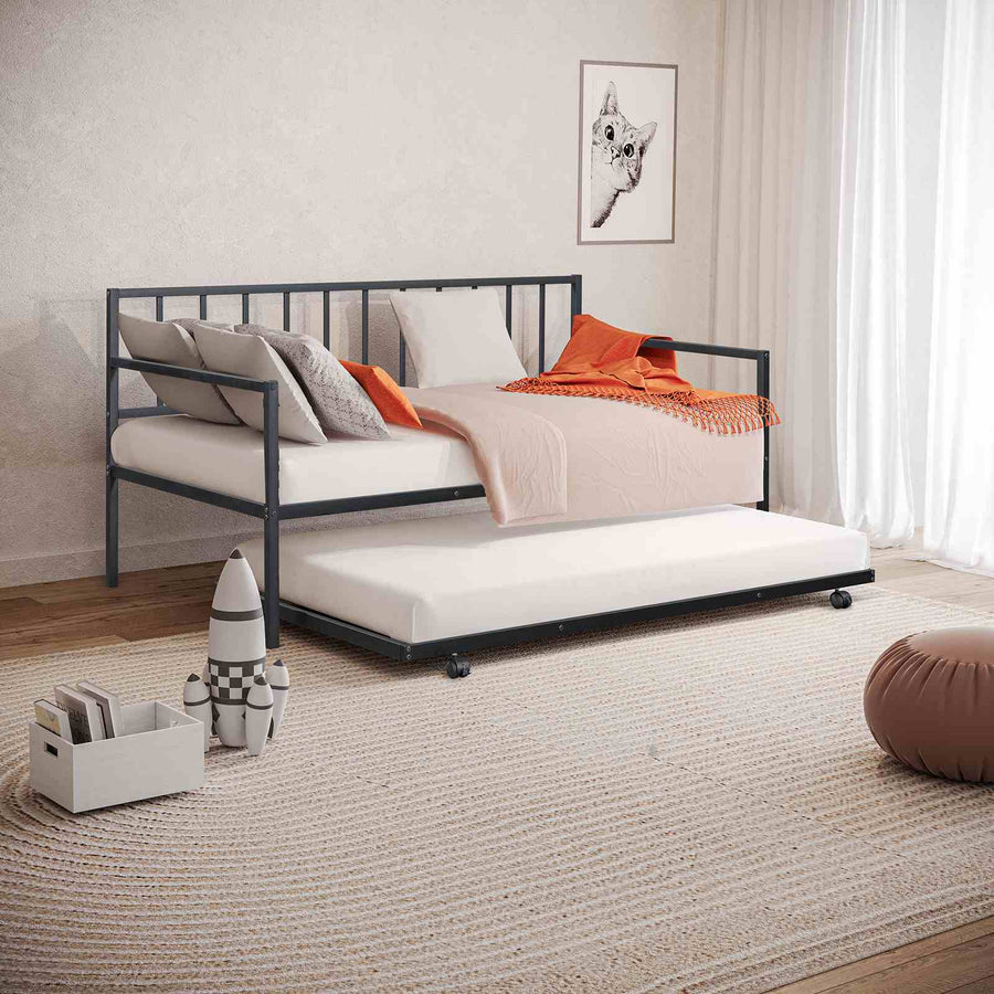 Harmon Contemporary Twin Metal Daybed with Trundle - Space-Saving Steel Frame in Black, Silver or White
