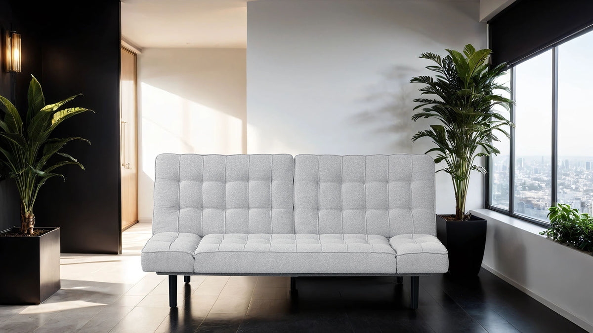 Bellevue Contemporary Futon Sofa Bed - Biscuit Tufted with Adjustable Arms in Light Gray – Gray, view 4