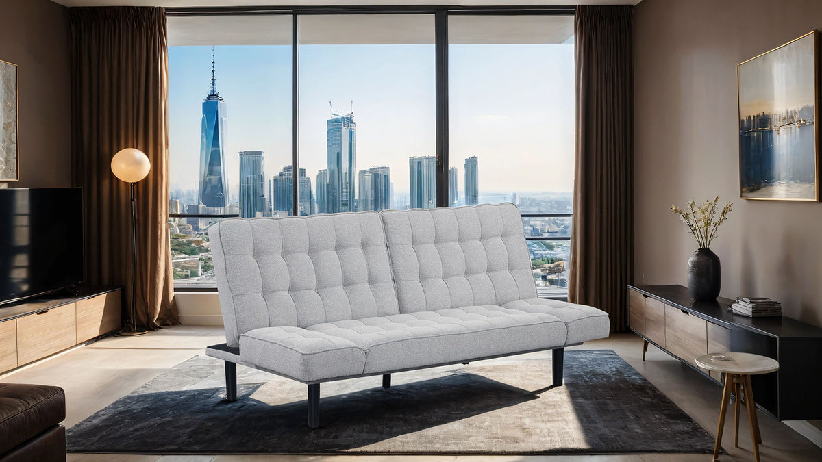 Bellevue Contemporary Futon Sofa Bed - Biscuit Tufted with Adjustable Arms in Light Gray – Gray, view 6