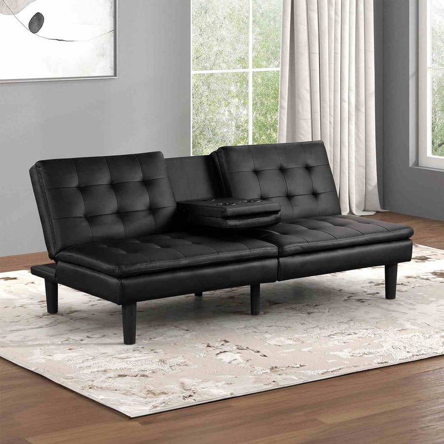 Eidsberg Futon Sofa Bed with Drop-Down Table & USB Charger - Biscuit Tufted Leatherette