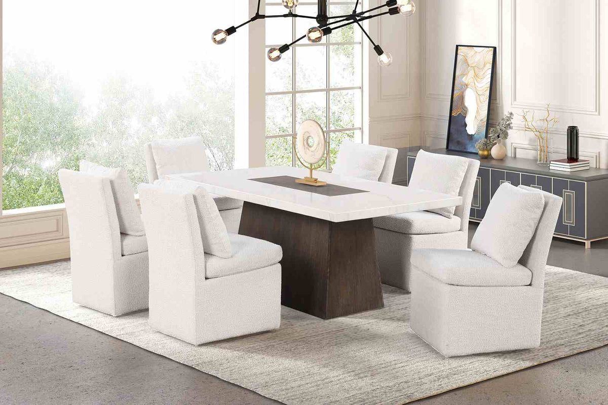 Grasten Contemporary Marble Top Dining Collection - 7pcs- Dining Table + 6 Boucle Caster Chairs