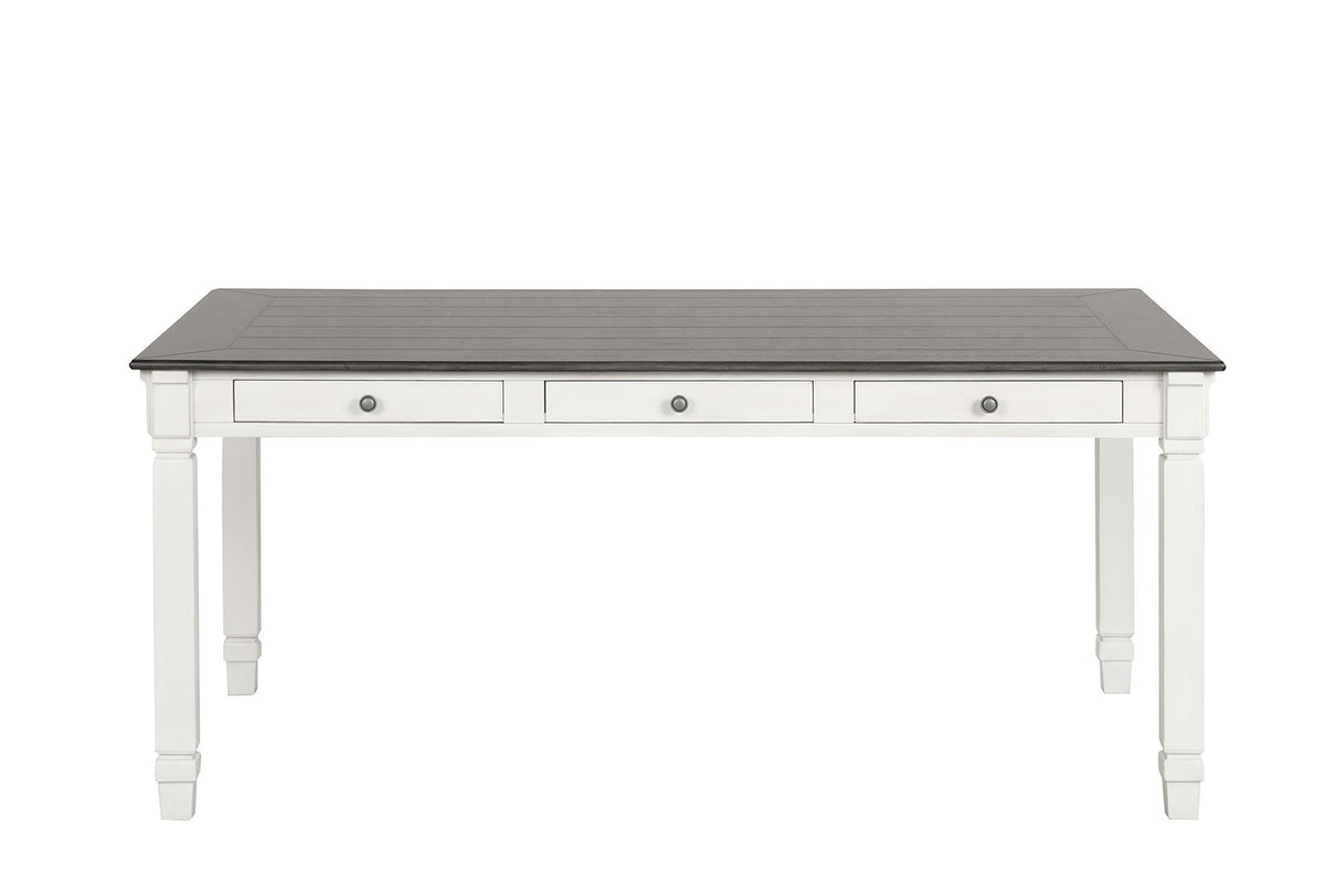 Pendola Rustic Farmhouse 72" Dining Table with Drawers & Set - Slat Back Chairs in Two-Tone Rustic White – White & Brown, view 4