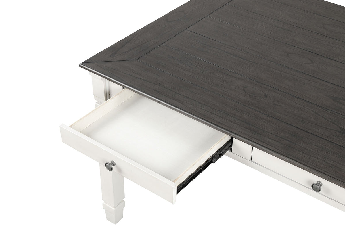 Pendola Rustic Farmhouse 72" Dining Table with Drawers & Set - Slat Back Chairs in Two-Tone Rustic White – White & Brown, view 6