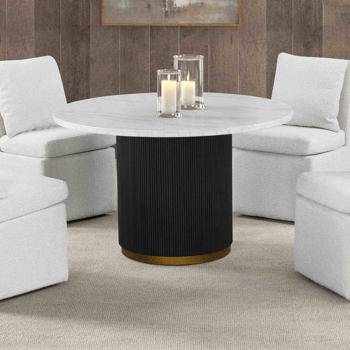 Varde Glam 54" Round Marble Dining Table & Set - 5pcs- Round Table + 4 Caster Chairs