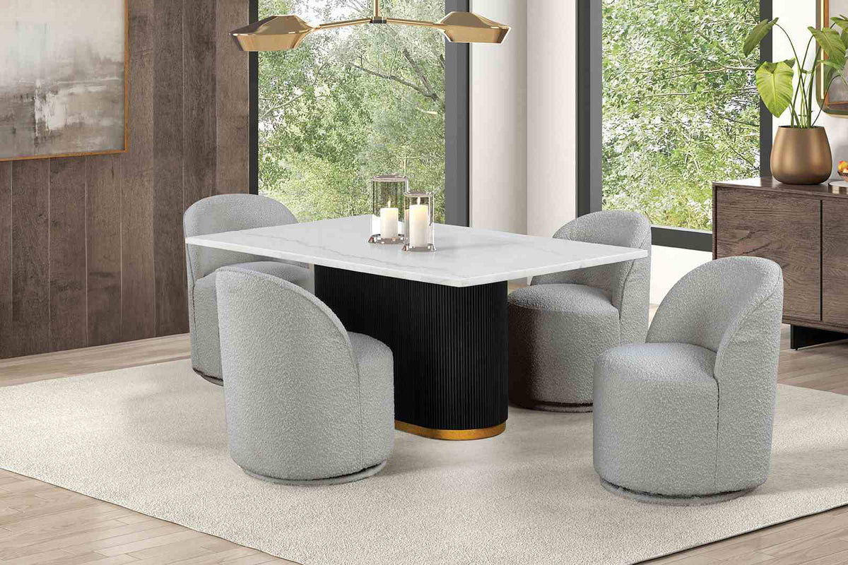 Morges Contemporary 72" Marble Dining Table & 5-Piece Set - 5pcs- Table + 4 Light Gray Swivel Chairs