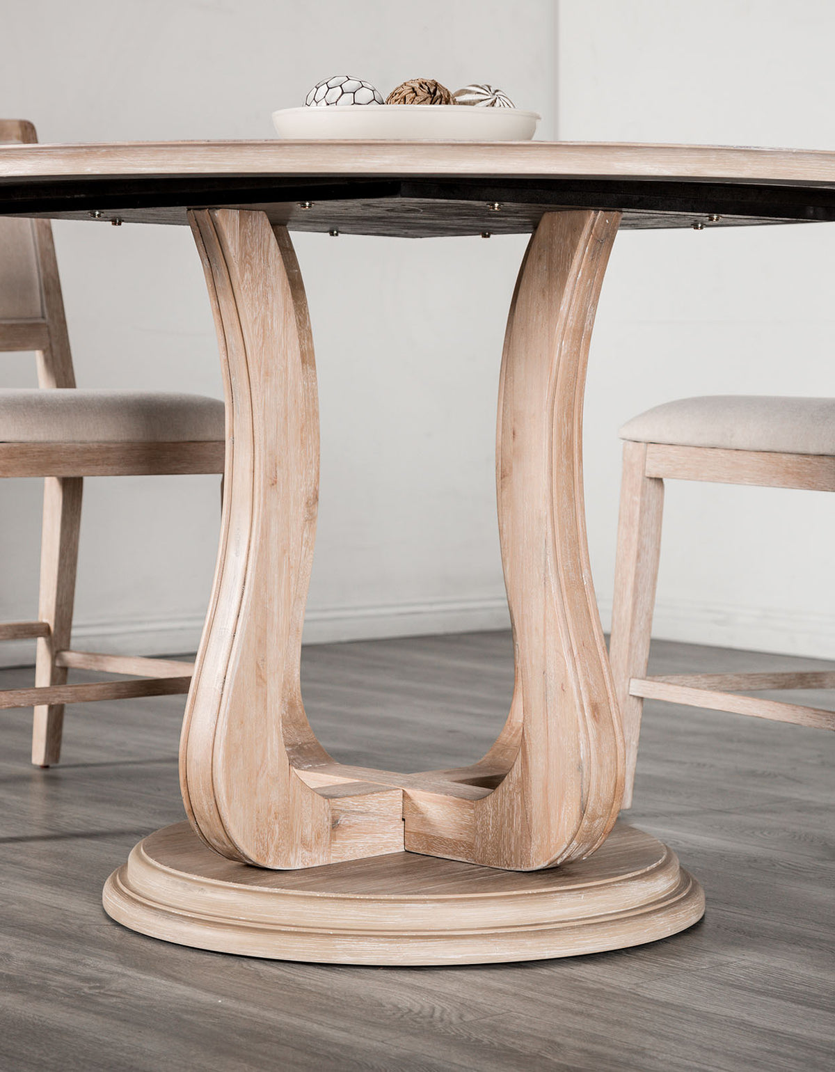 Orbetello Transitional 54" Round Counter Height Table & Padded Side Chairs - Tulip Pedestal Base in Distressed Natural – Natural & Beige, view 3