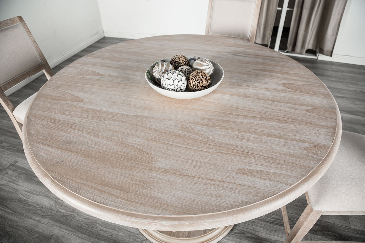 Orbetello Transitional 54" Round Counter Height Table & Padded Side Chairs - Tulip Pedestal Base in Distressed Natural – Natural & Beige, view 4