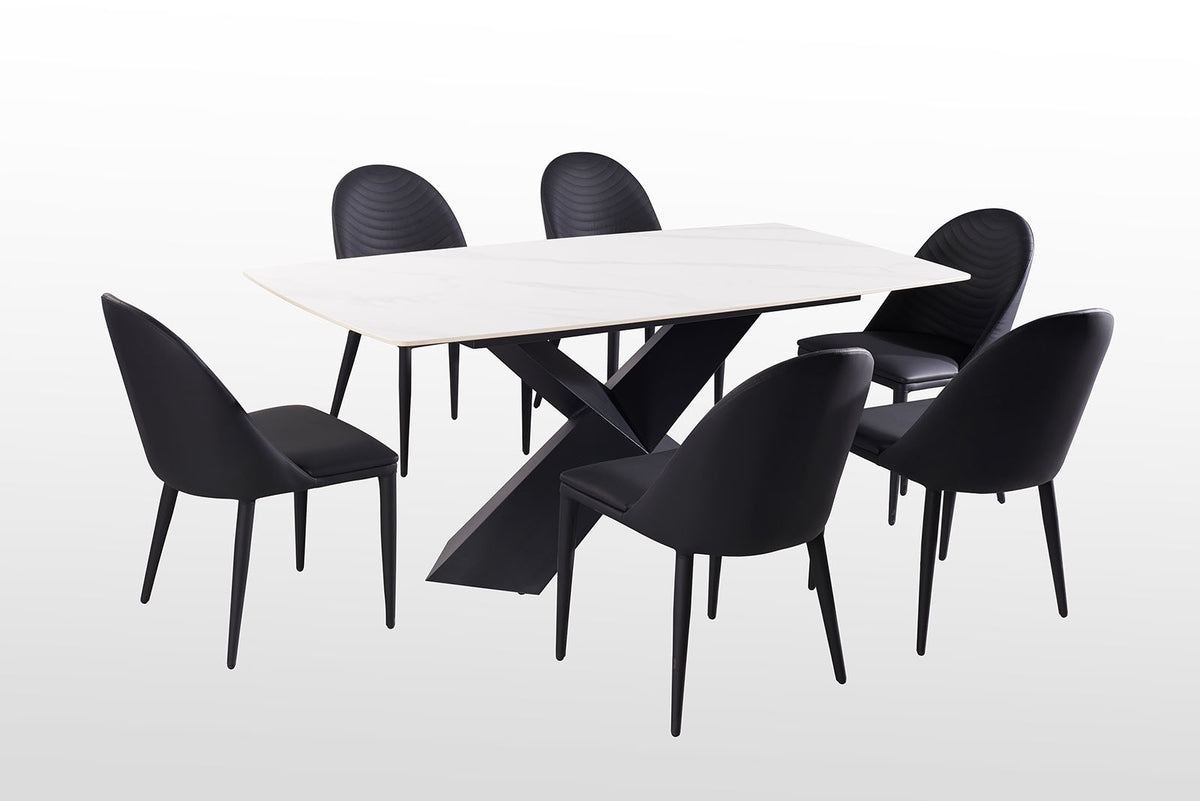 Lenvik Contemporary 71" Ceramic Top Dining Table & Set - Iron X-Base & Arched Stitch Upholstered Chairs in Black or Brown – Black & Brown, view 6