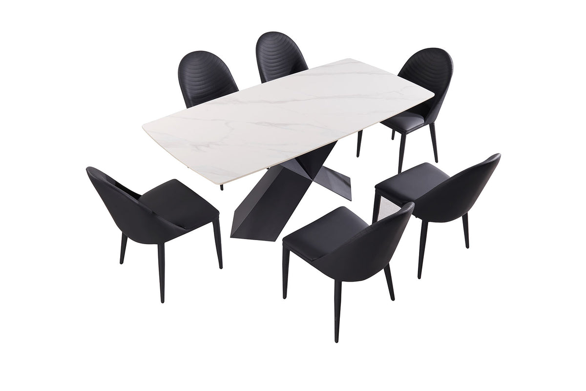 Lenvik Contemporary 71" Ceramic Top Dining Table & Set - Iron X-Base & Arched Stitch Upholstered Chairs in Black or Brown – Black & Brown, view 7