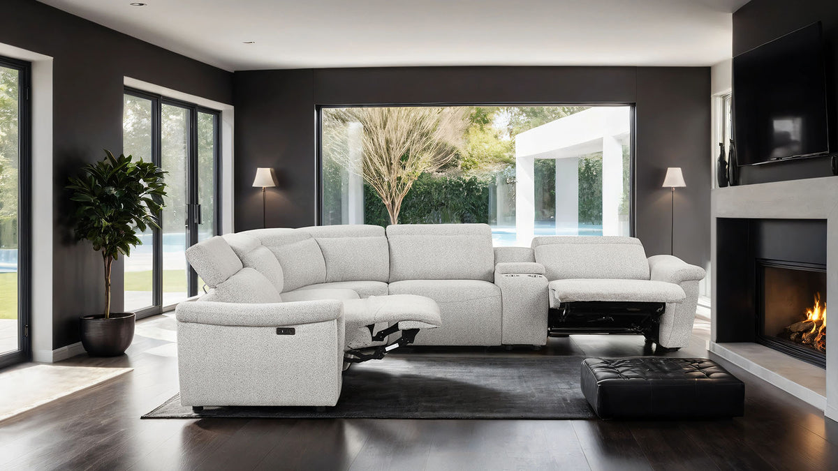 Hieronimus Power Reclining Sectional - Adjustable Headrests & USB Charging in Light Gray Chenille – Gray, view 2