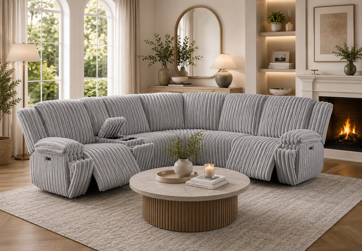 Detail shot showing the textured plush ribbed upholstery and stitching of the Pelle sectional.