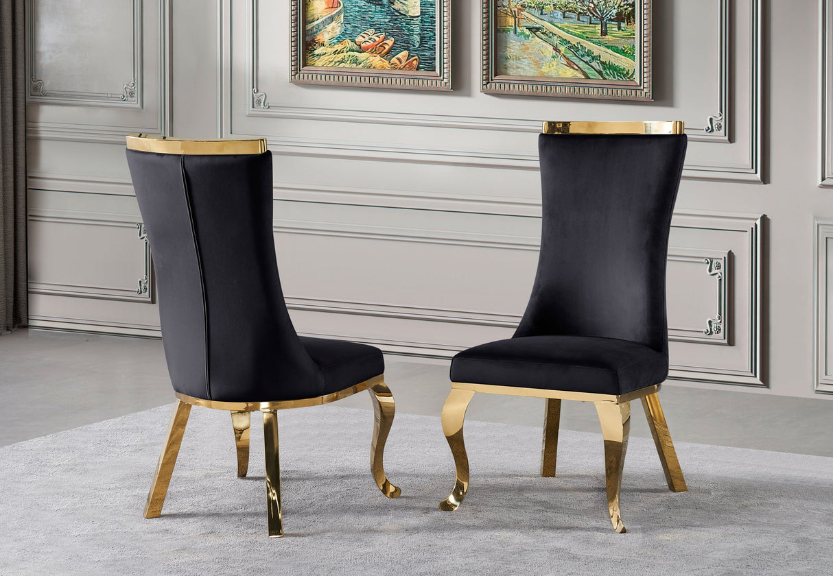 Side profile of FOAK contemporary velvet dining chair showing high-back ergonomic design.