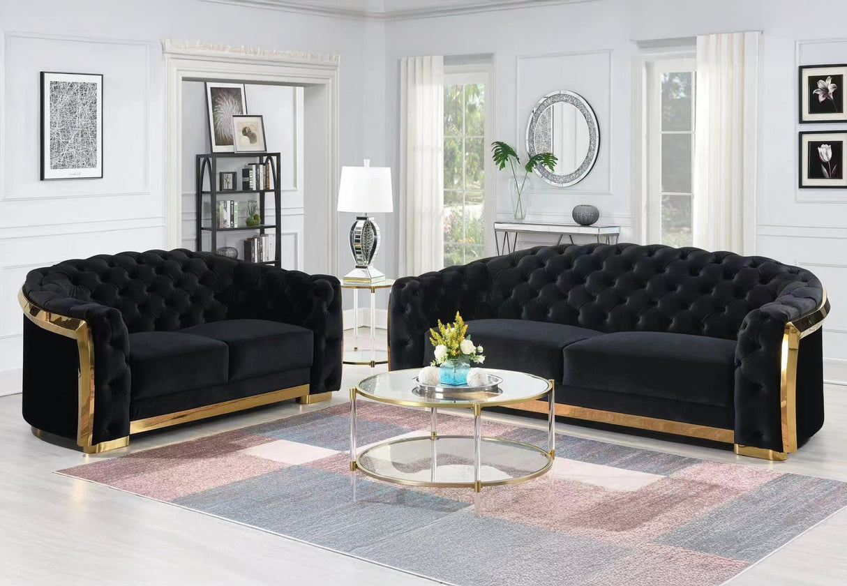 Bronx II contemporary sofa and matching loveseat upholstered in neutral performance fabric.