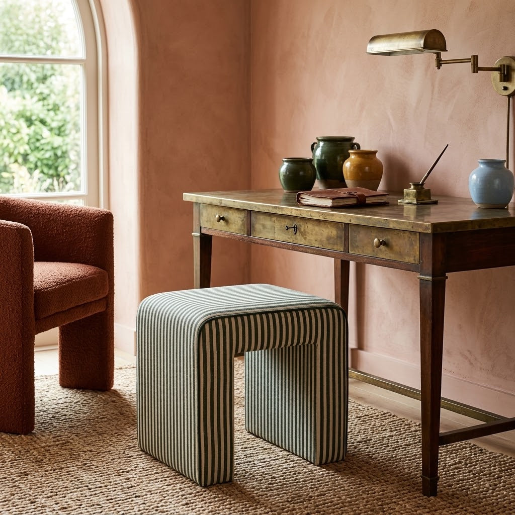 Byron Square Cotton Jute Ottoman with Striped Upholstery - Modern Coastal & Living Room Footstool