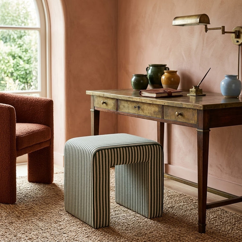 Byron Square Cotton Jute Ottoman with Striped Upholstery - Modern Coastal & Living Room Footstool