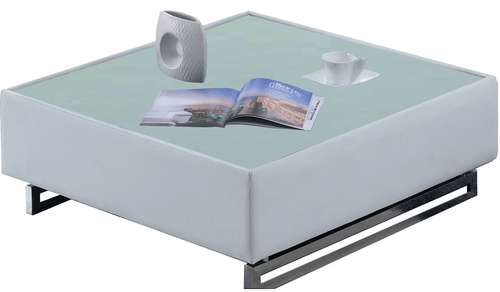 430 Square Leather Coffee Table with Glass Top - Contemporary Living Room Centerpiece in White