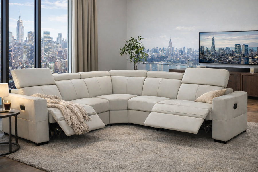 6021 Reclining Leather Sectional & Armchair - Modern Manual Recliners in Grey or Cream