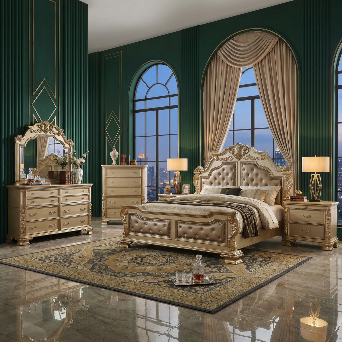 A luxurious, traditional-style master bedroom set with an ornate gold and champagne finish, set against deep green wood-paneled walls. The set includes a large tufted headboard bed, a matching dresser with a large carved mirror, a tall chest of drawers, and a nightstand with a lighted table lamp. A patterned traditional area rug sits on a highly reflective marble floor beneath the furniture.