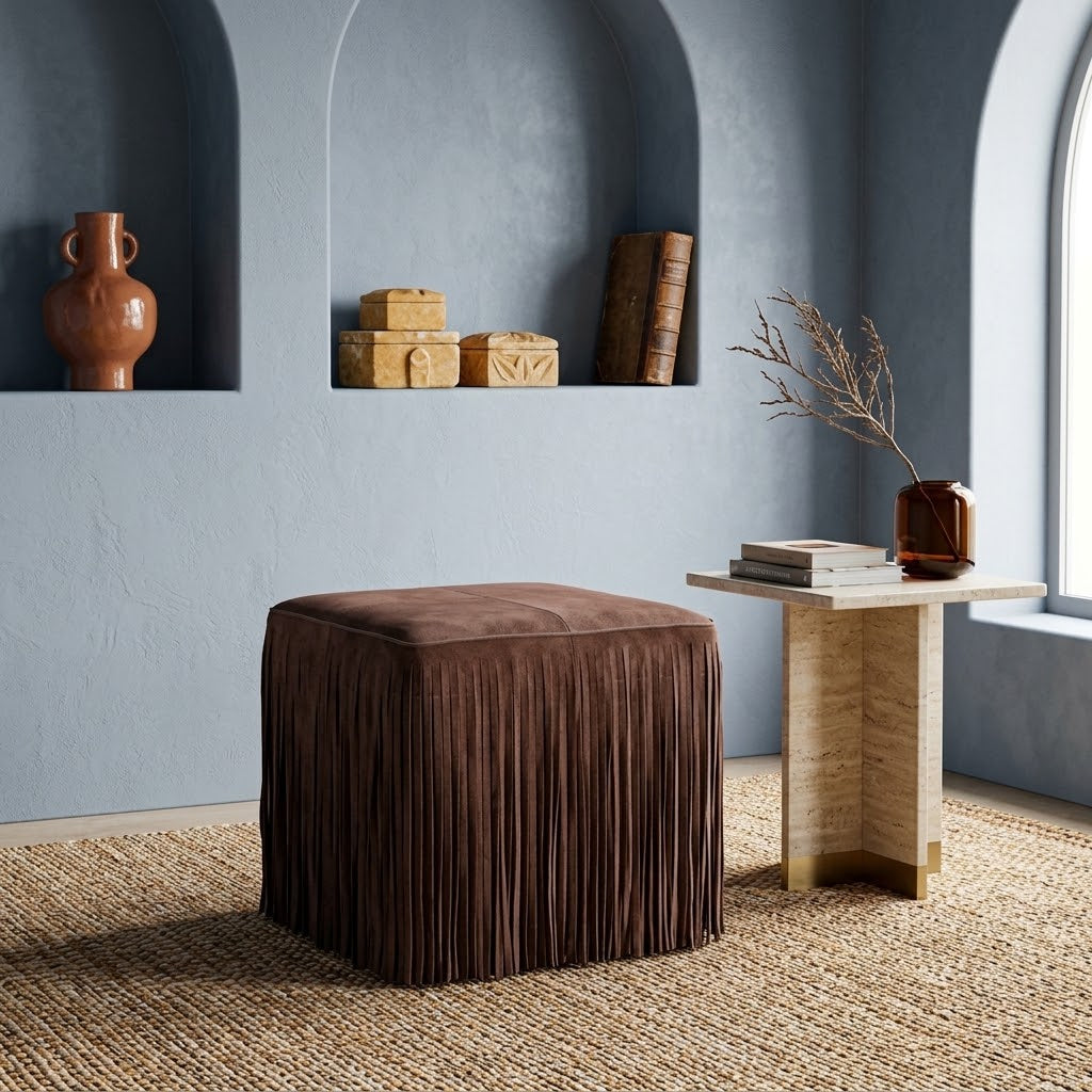 Daphne Square Suede Fringe Ottoman Footstool - Contemporary & Accent Seating