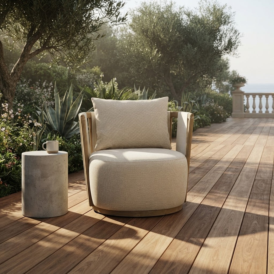 Paolo Cream Upcycled Basketweave Outdoor Accent Chair with Solid Eucalyptus Frame - Modern Coastal & Patio Seating