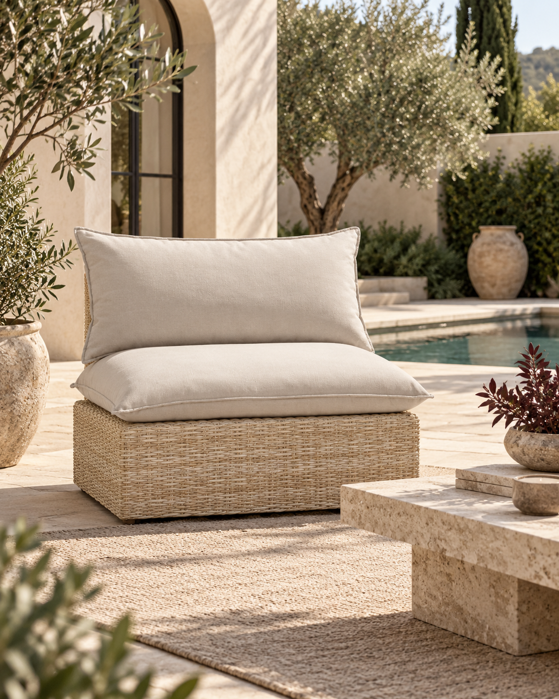 Cali Wicker Outdoor Armless Chair with Performance Fabric Cushions - Modern Patio & Modular Seating