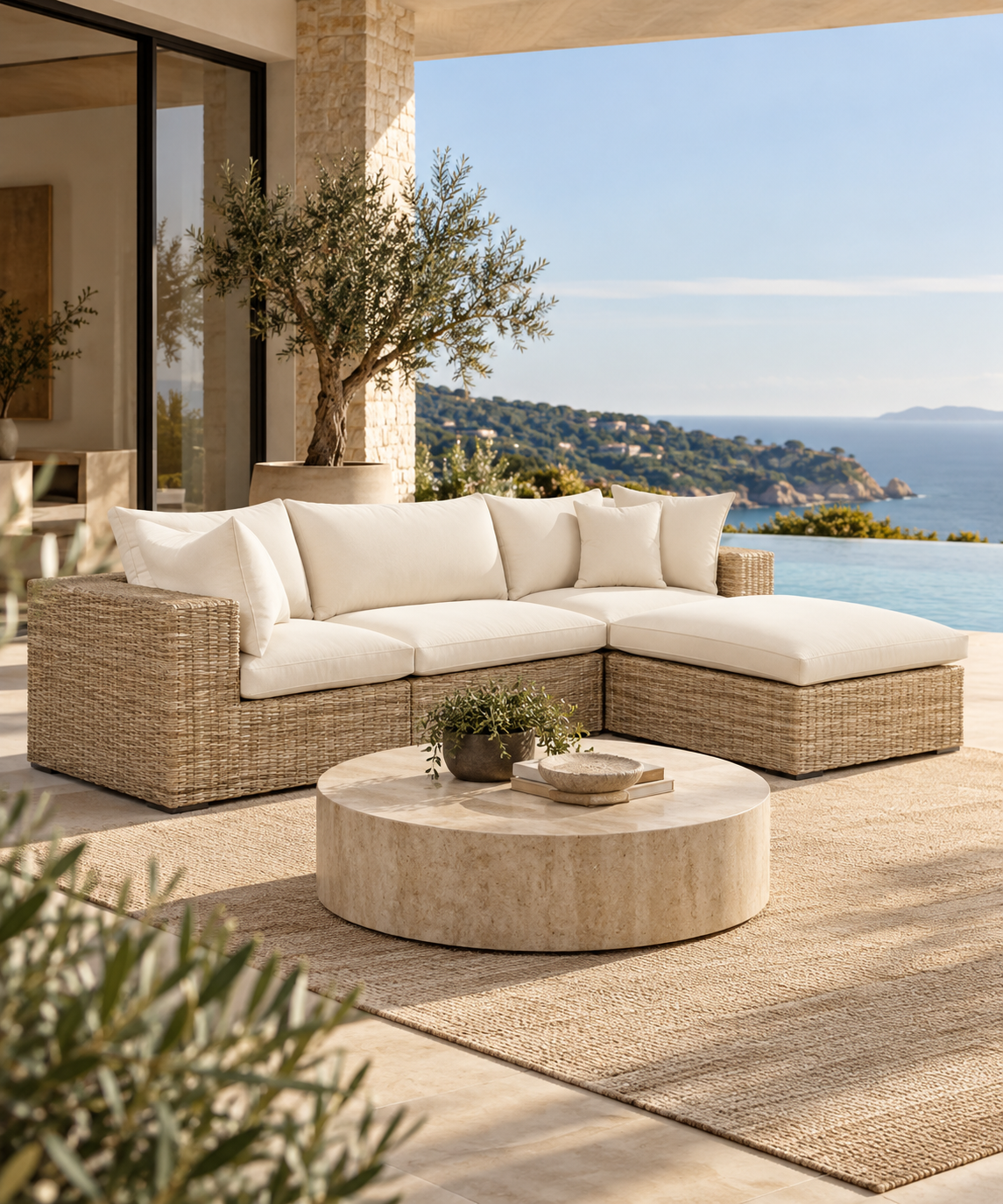 Cali 4-Piece Performance Fabric & Wicker Outdoor Sectional - Modern Coastal Modular Seating