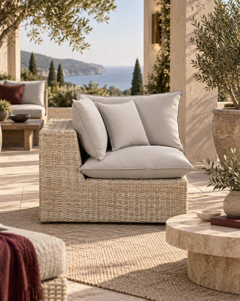 Cali Wicker Outdoor Corner Chair with Performance Fabric - Modern Patio & Modular Seating