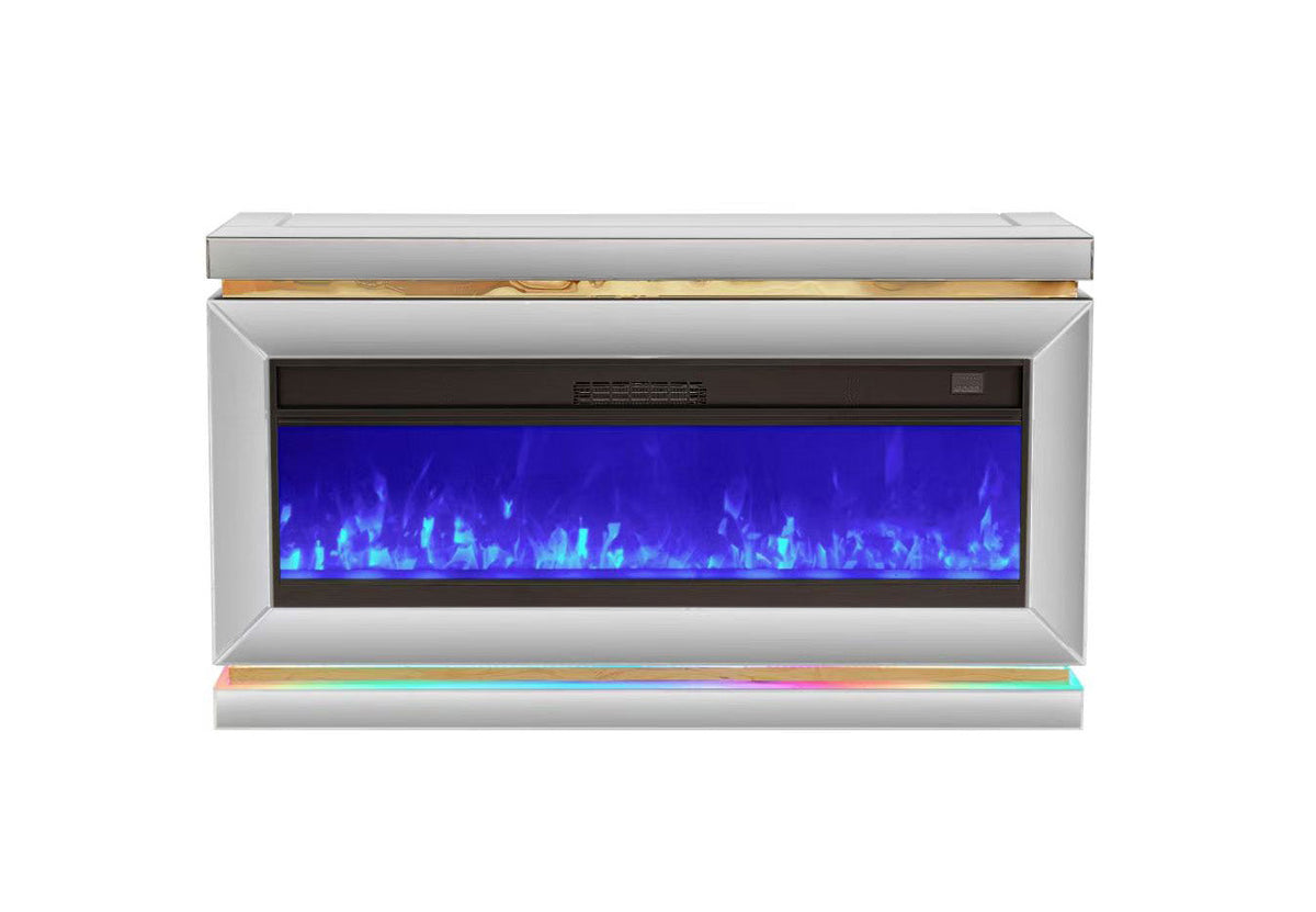 Detail of the integrated Bluetooth speaker panel on the modern FOAK fireplace unit.