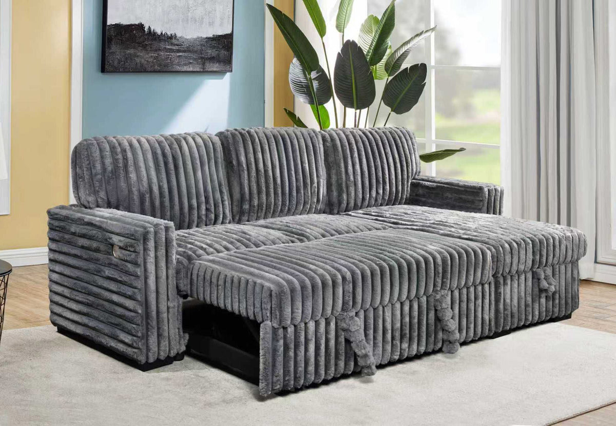 Detail view of the vertical ribbed channeling on the white sofa