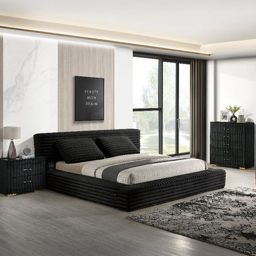 Sandy Wingback Bed with Plush Ribbed Upholstery - Modern Upholstered Bed Frame in Queen or King