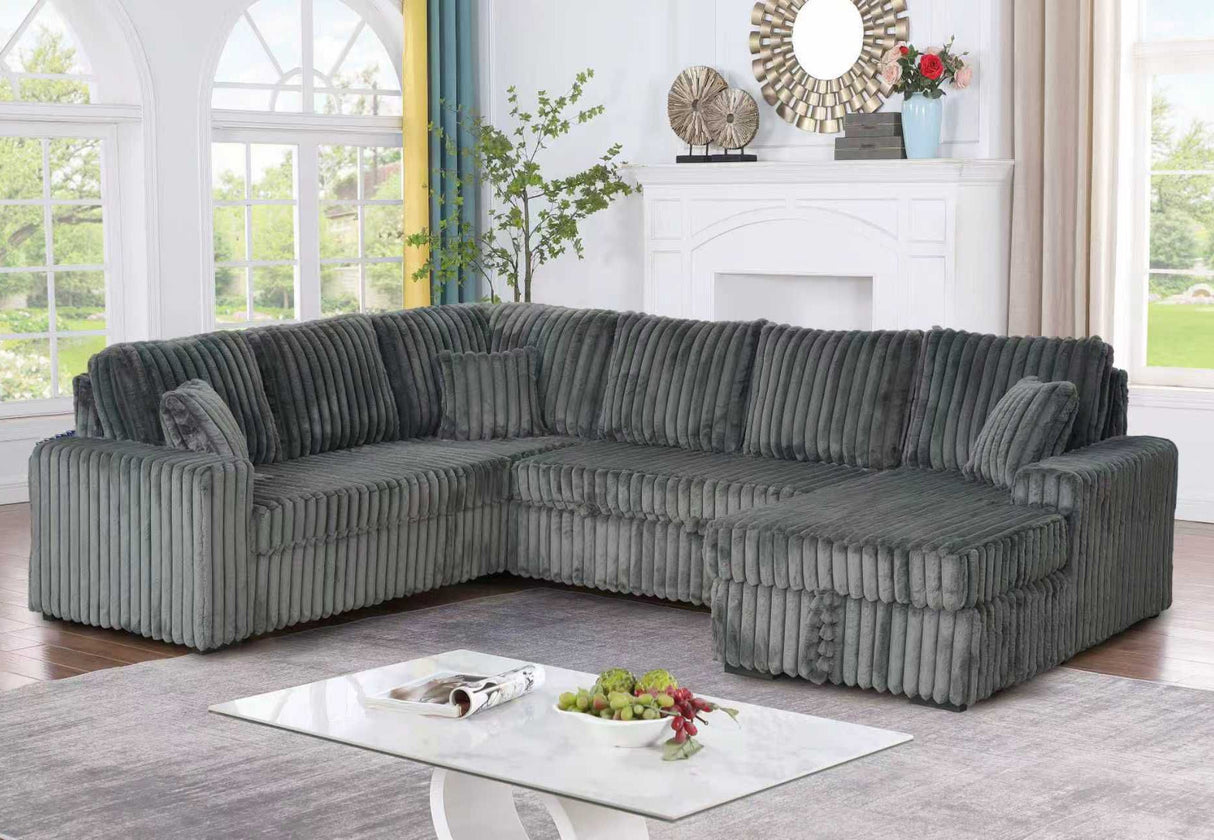 Corner detail of Maxy corduroy sectional with high density foam