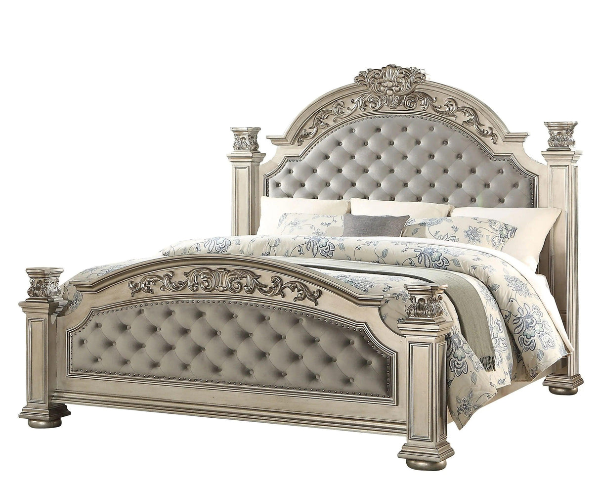 Luxurious Traditional Silver Ornate 5-Piece King Platinum Bedroom Furniture Set