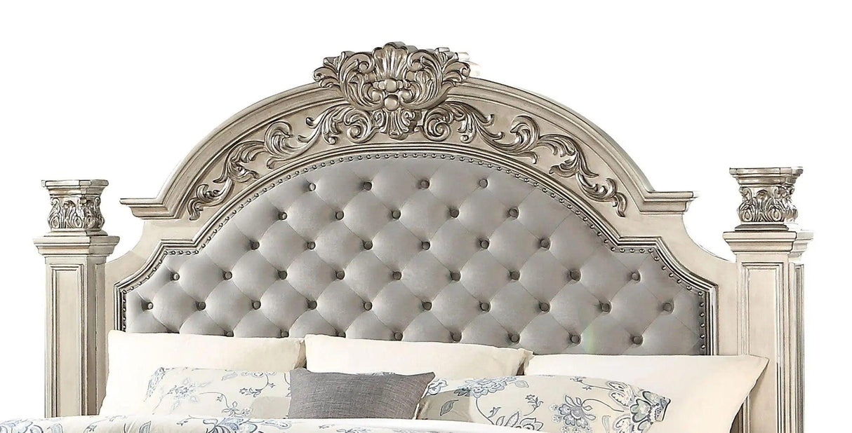 Luxurious Traditional Silver Ornate 5-Piece King Platinum Bedroom Furniture Set