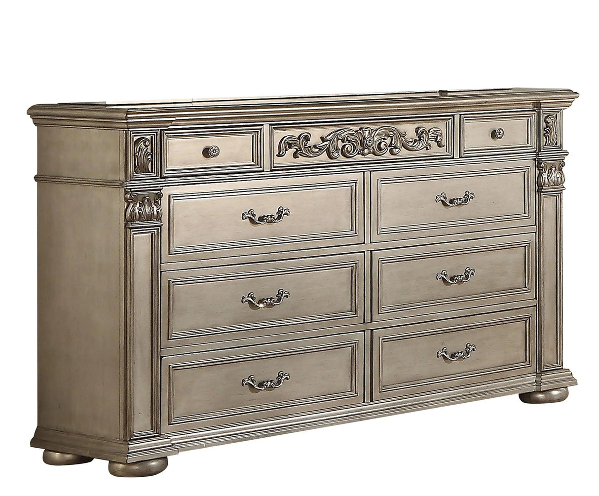 Luxurious Traditional Silver Ornate 5-Piece King Platinum Bedroom Furniture Set