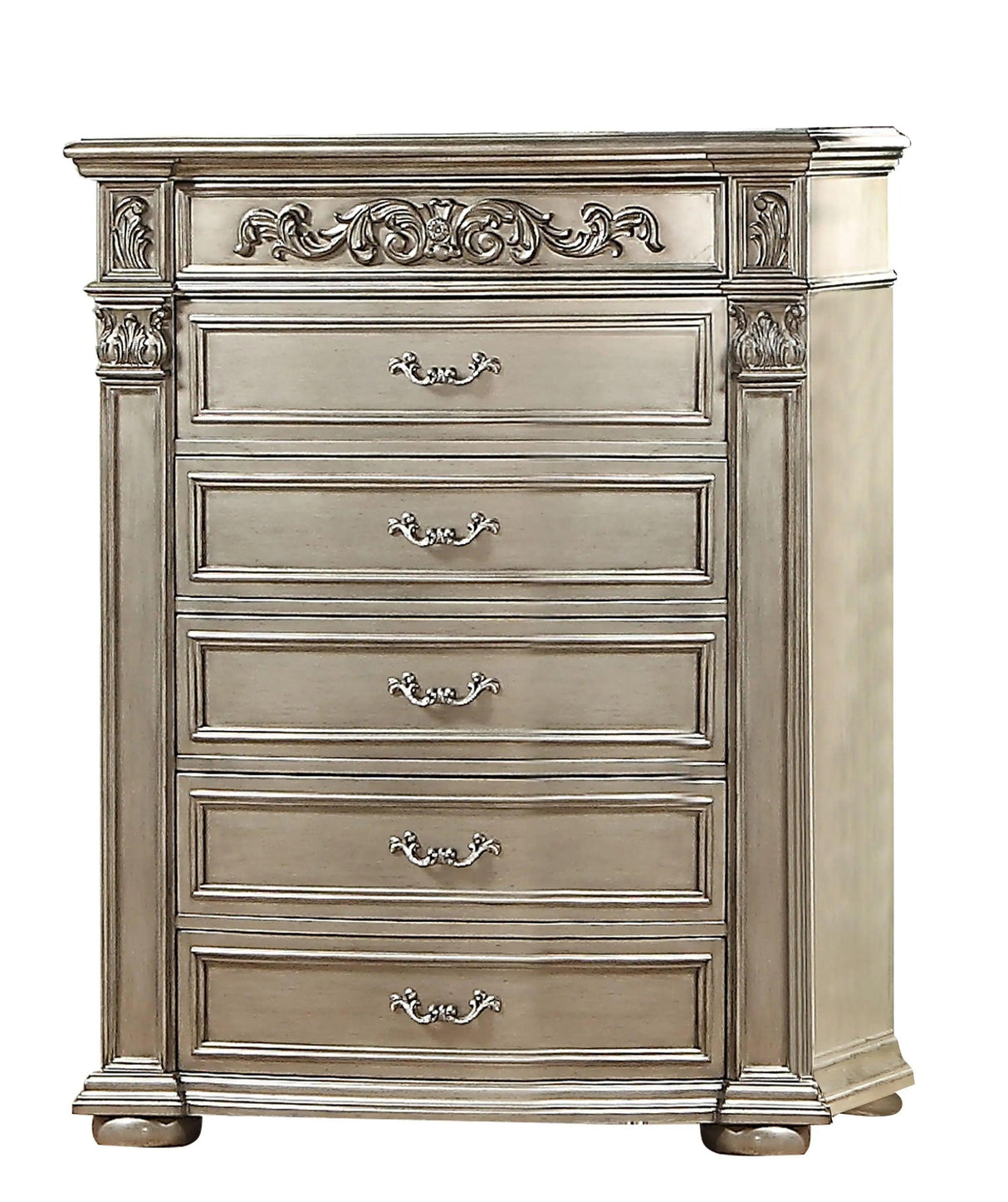 Luxurious Traditional Silver Ornate 5-Piece King Platinum Bedroom Furniture Set