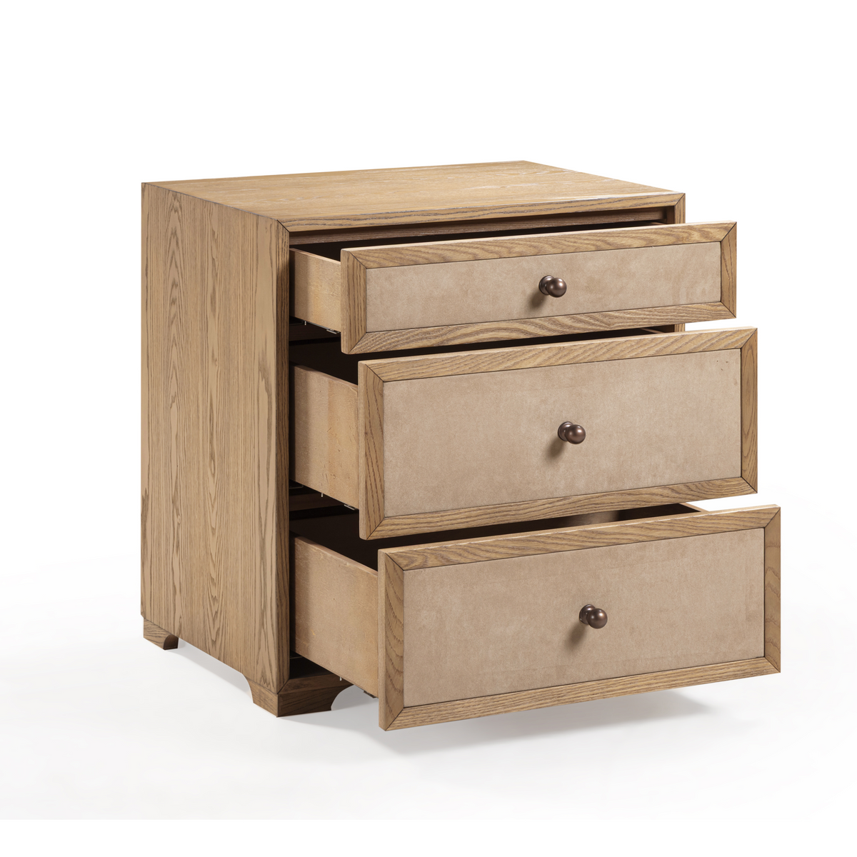Laurentis 23.5" Light Taupe Suede and Wood 3-Drawer Nightstand - View 5