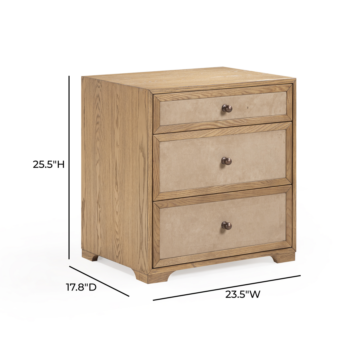 Laurentis 23.5" Light Taupe Suede and Wood 3-Drawer Nightstand - View 8