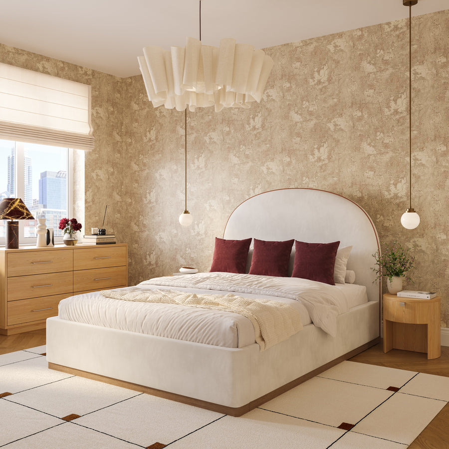 Marlow Velvet Bed with Natural Ash Wood Plinth Base & Accent Piping - Contemporary Upholstered Bed