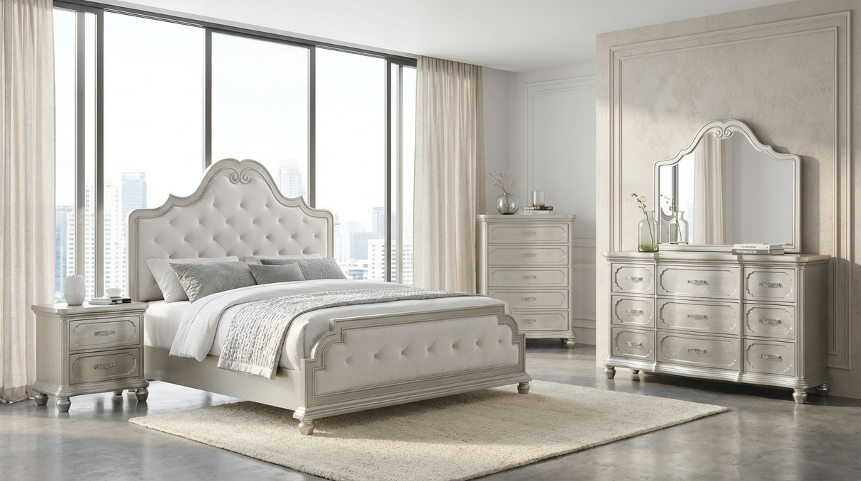 Traditional Silver Ornate Tufted Master Roma Bedroom Set