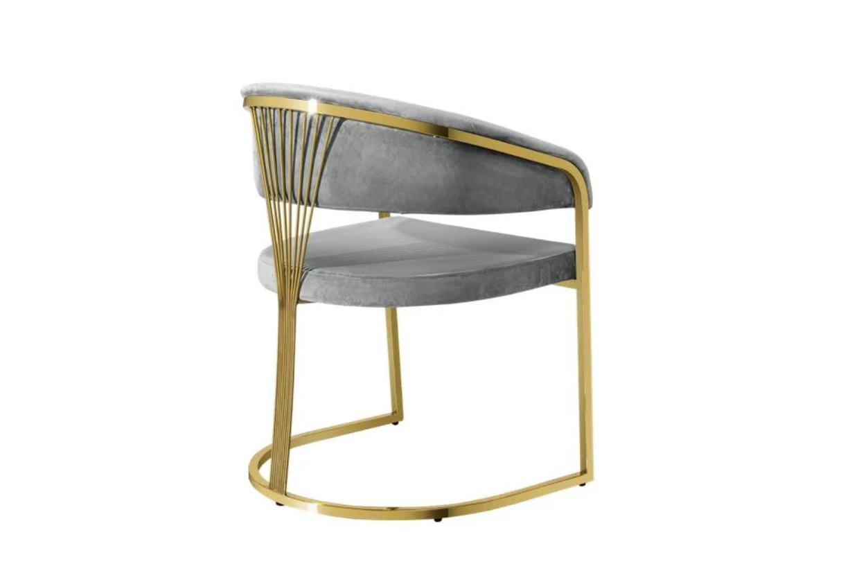 Front view of Annie grey velvet dining chair with gold stainless steel frame.