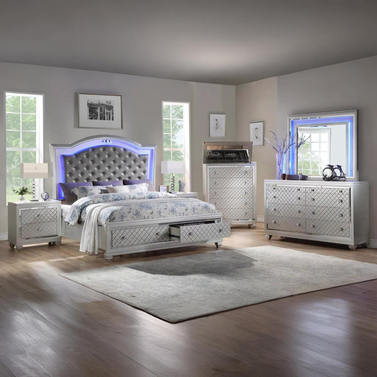 Shiney Silver Finish Bedroom Set with LED Headboard & Storage